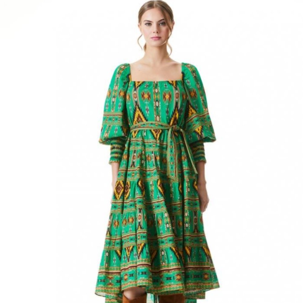 Alice & Olivia Rowen Midi Dress Mystik Ikat Print Green Emerald Batik Belted XL